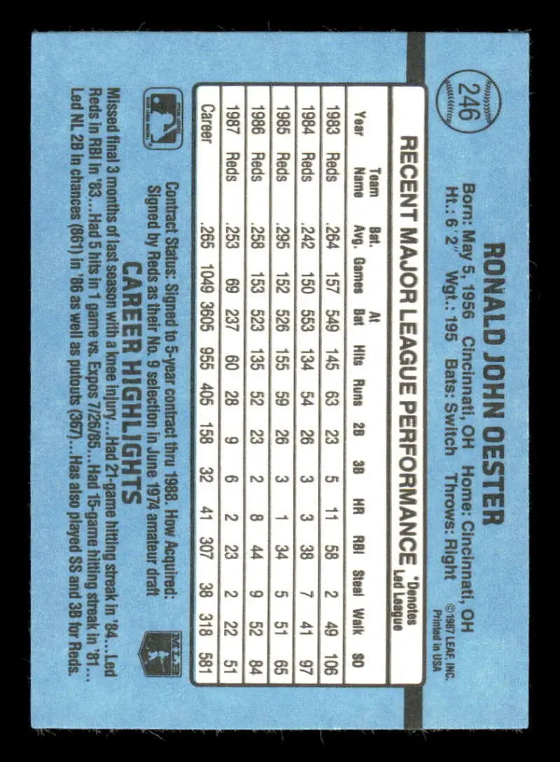 1988 Donruss #246 Ron Oester NM-MT Cincinnati Reds Baseball Card - Baseball Card Single