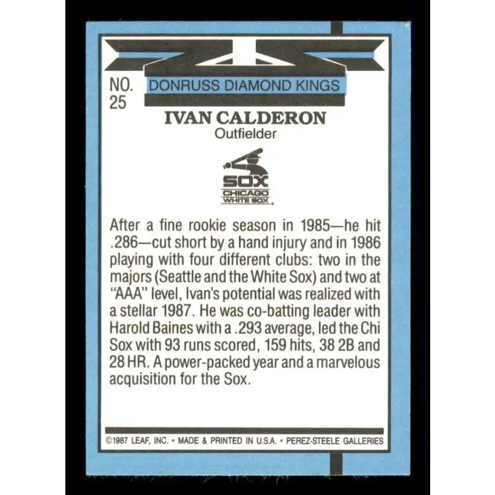 1988 Donruss #25 Ivan Calderon DK EX Chicago White Sox Baseball Card - Baseball Card Single