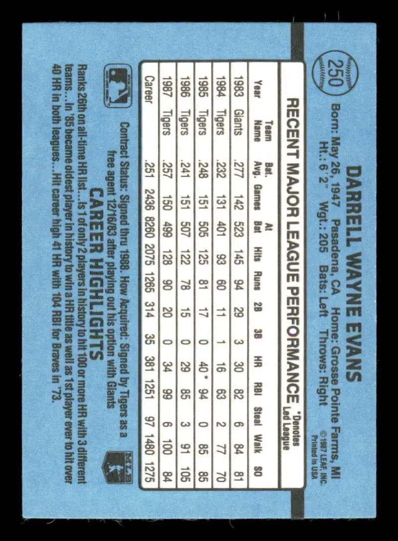 1988 Donruss #250 Darrell Evans NM-MT Detroit Tigers Baseball Card - Baseball Card Single
