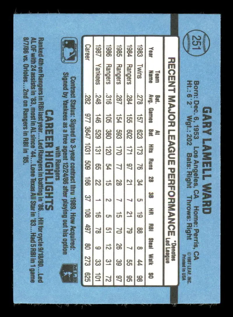 1988 Donruss #251 Gary Ward NM-MT New York Yankees Baseball Card - Baseball Card Single