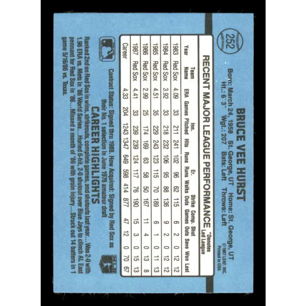 1988 Donruss #252 Bruce Hurst EX Boston Red Sox Baseball Card - Baseball Card Single