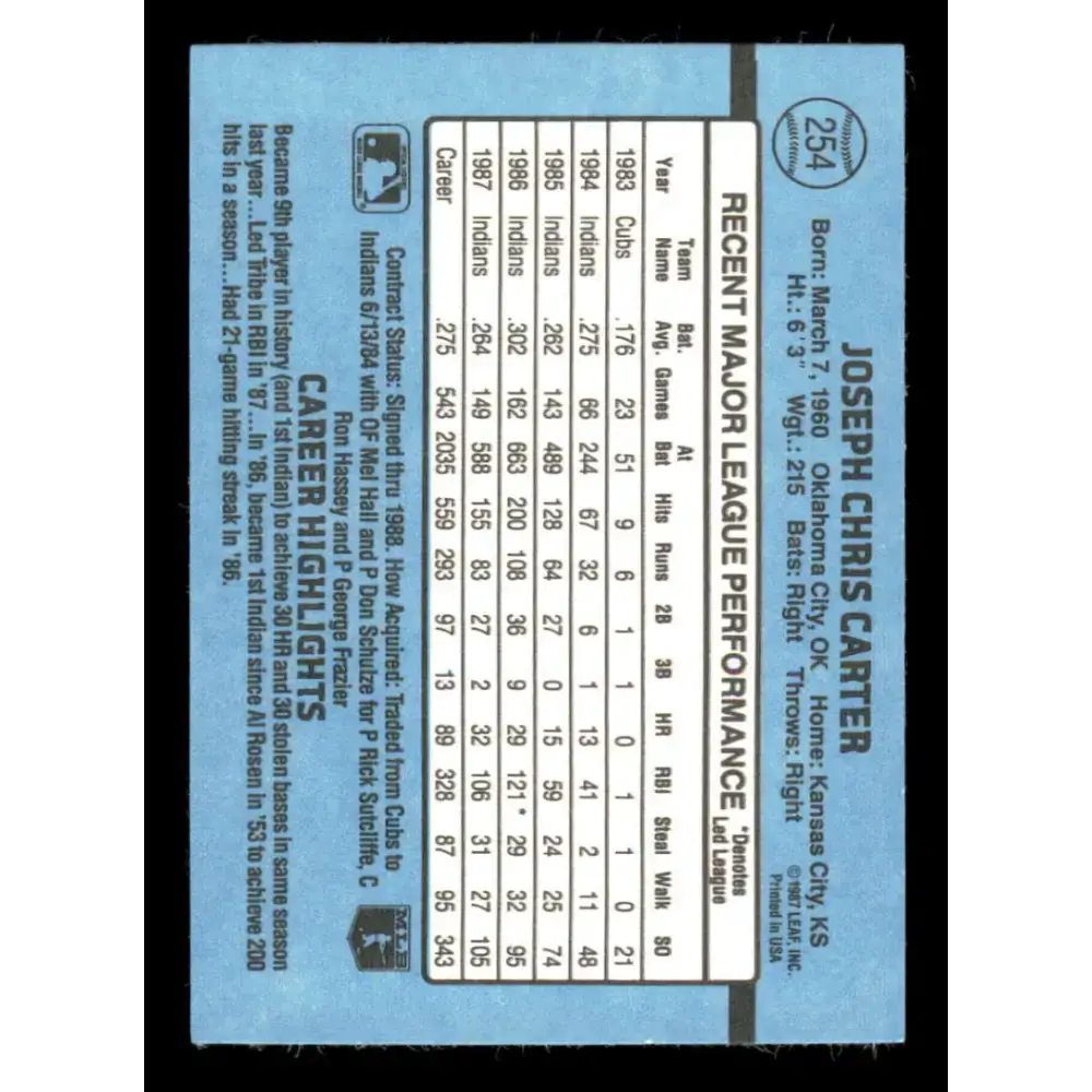 1988 Donruss #254 Joe Carter EX Cleveland Indians Baseball Card - Baseball Card Single
