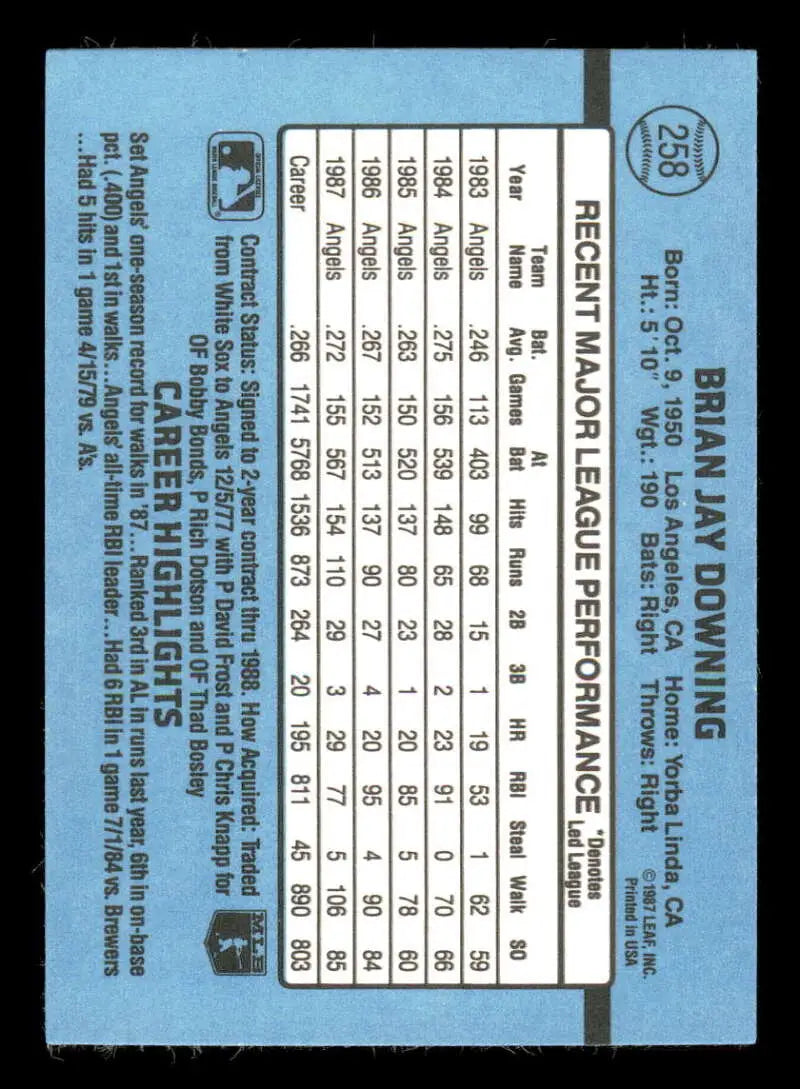 1988 Donruss #258 Brian Downing NM-MT California Angels Baseball Card - Baseball Card Single