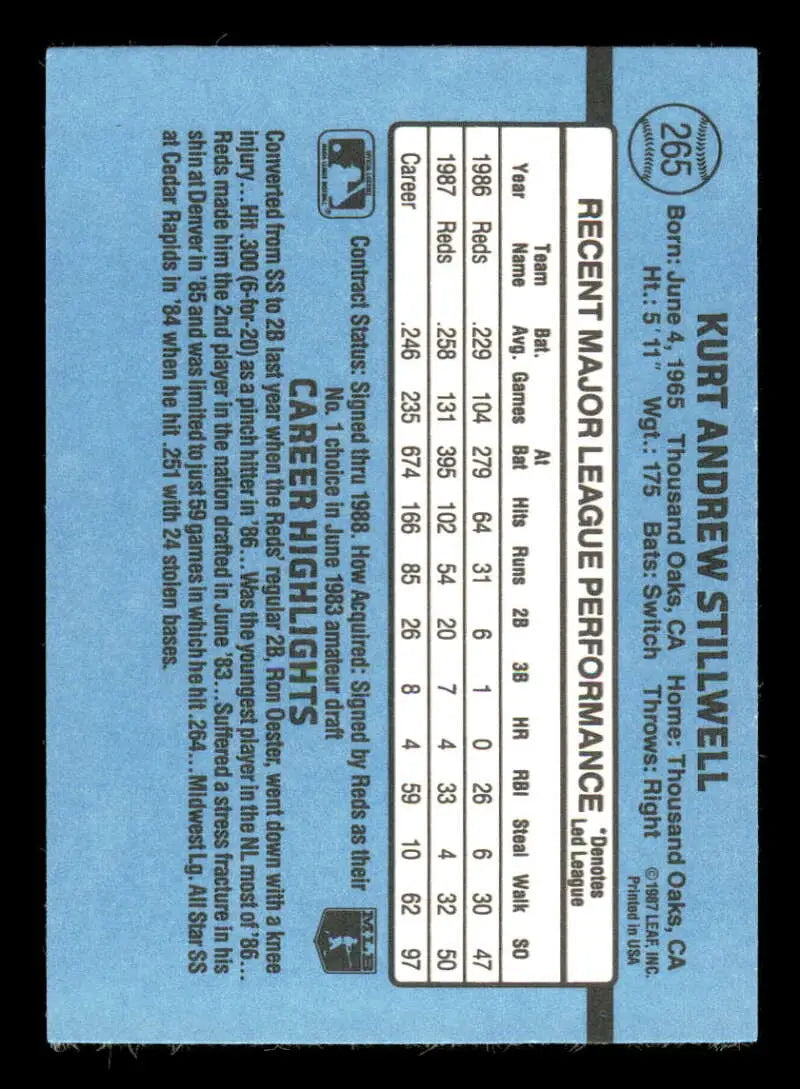 1988 Donruss #265 Kurt Stillwell NM-MT Cincinnati Reds Baseball Card - Baseball Card Single