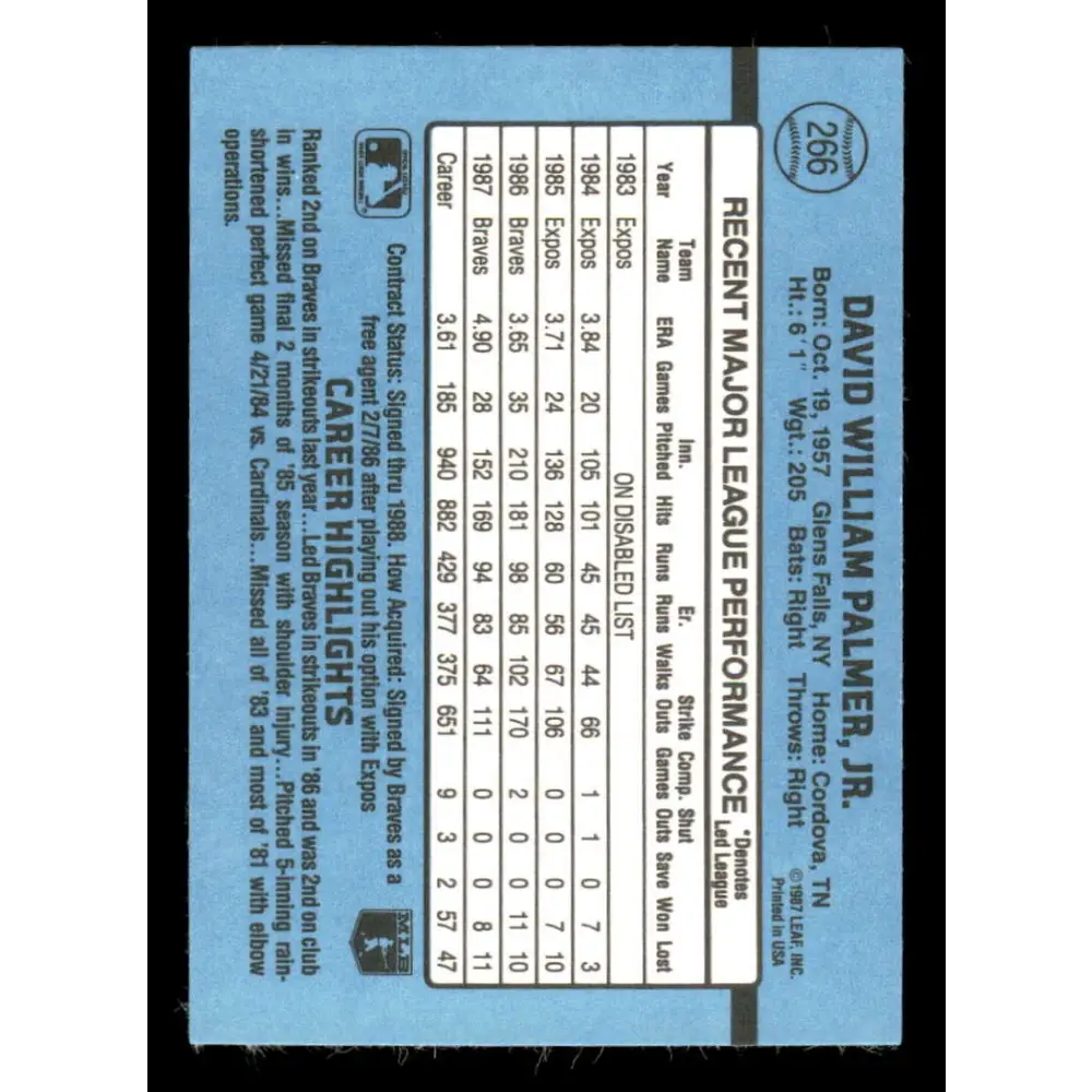 1988 Donruss #266 David Palmer EX Atlanta Braves Baseball Card Image 2