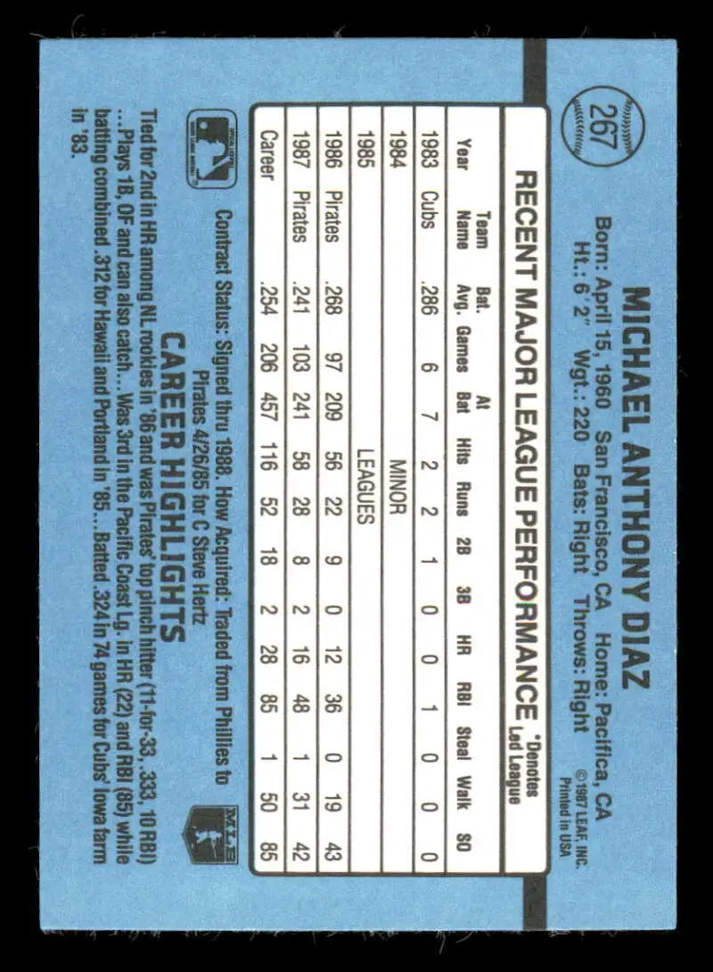 1988 Donruss #267 Mike Diaz NM-MT Pittsburgh Pirates Baseball Card - Baseball Card Single
