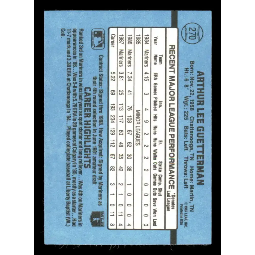 1988 Donruss #270 Lee Guetterman EX Seattle Mariners Baseball Card - Baseball Card Single