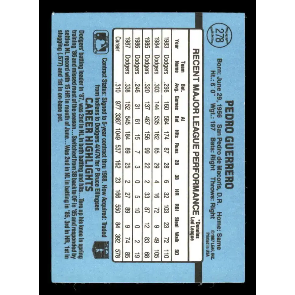 1988 Donruss #278 Pedro Guerrero EX Los Angeles Dodgers Baseball Card - Baseball Card Single