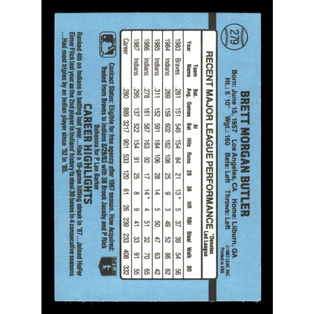 1988 Donruss #279 Brett Butler EX Cleveland Indians Baseball Card - Baseball Card Single