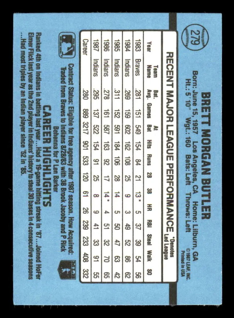 1988 Donruss #279 Brett Butler NM-MT Cleveland Indians Baseball Card - Baseball Card Single