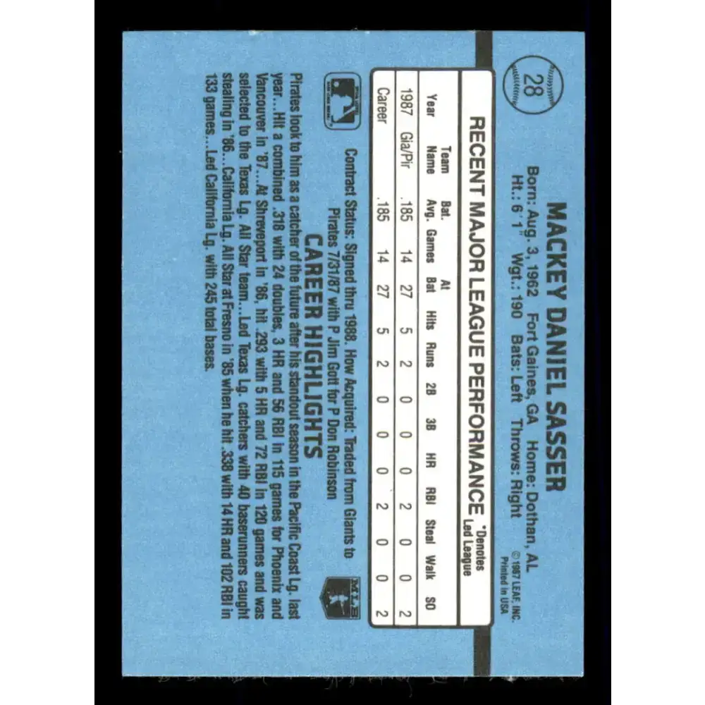 1988 Donruss #28 Mackey Sasser EX RC Rookie Pittsburgh Pirates Baseball Card