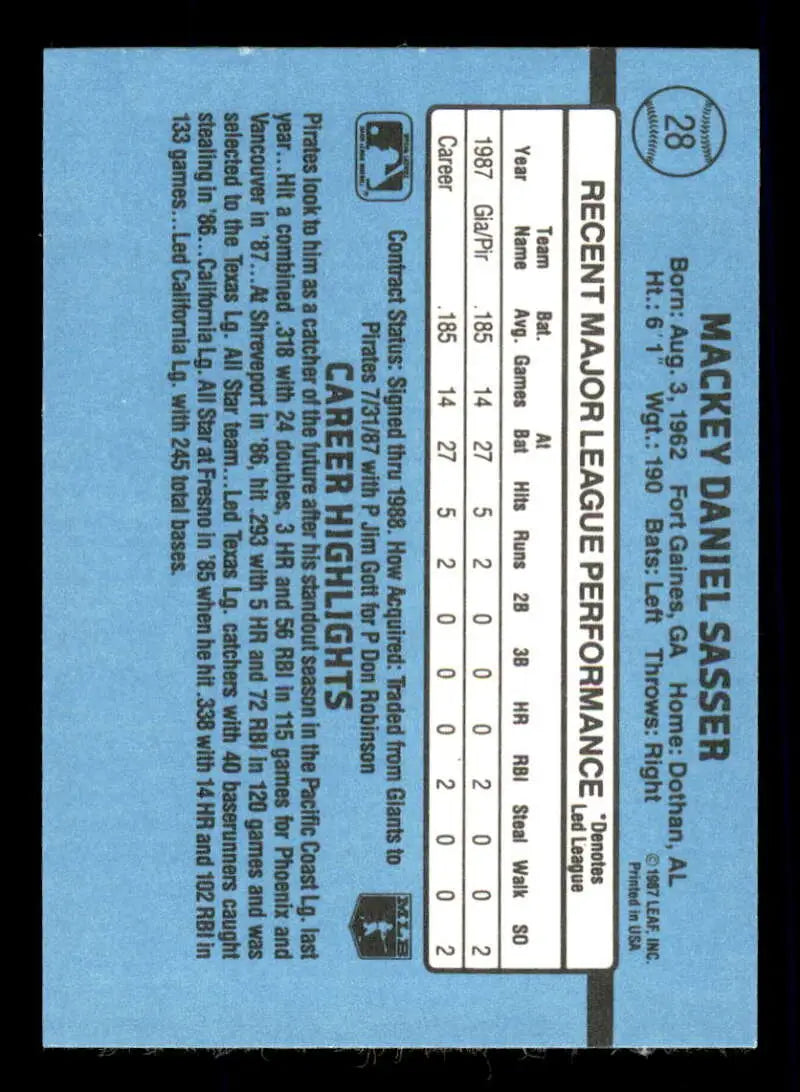 1988 Donruss #28 Mackey Sasser NM-MT RC Rookie Pittsburgh Pirates Baseball Card - Baseball Card Single