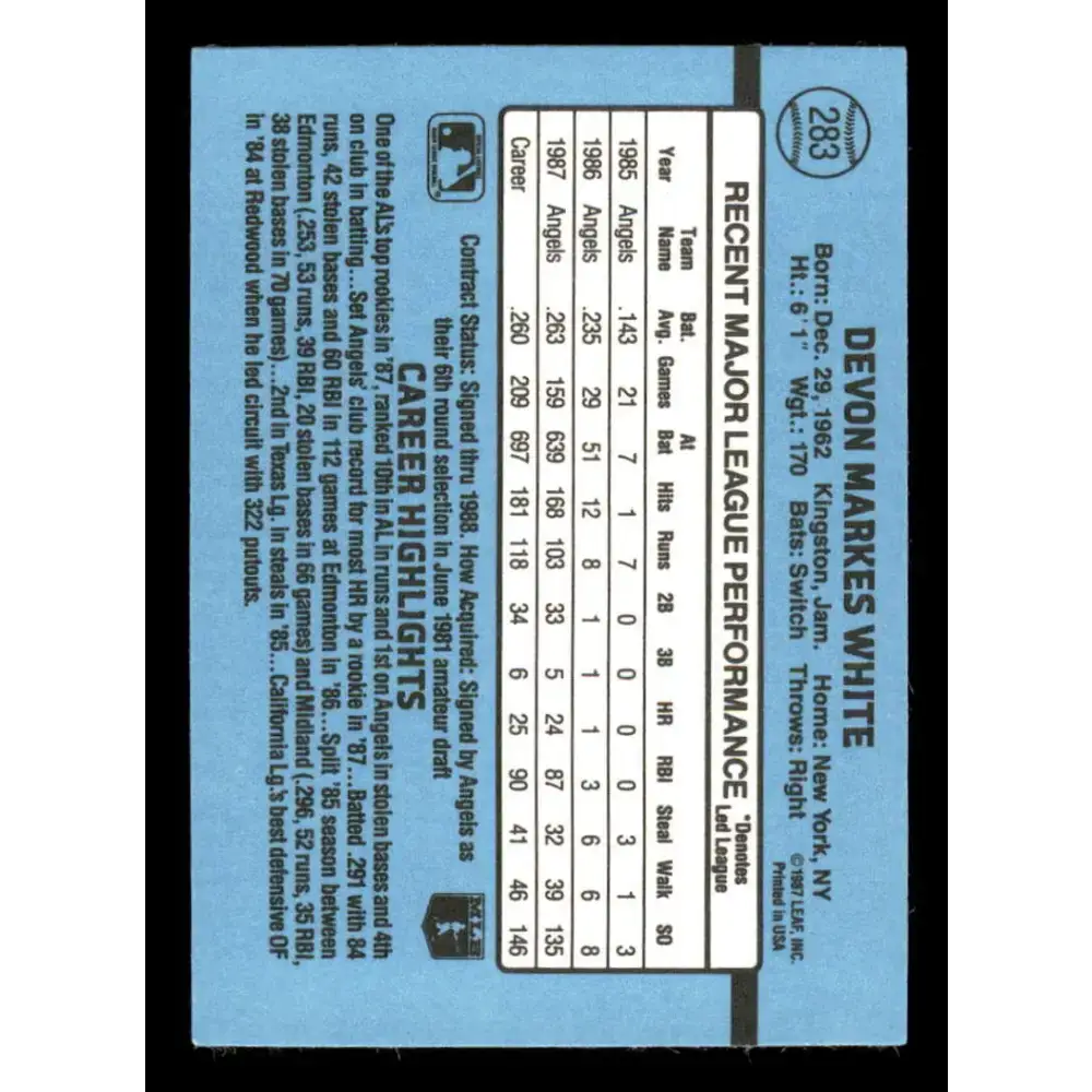 1988 Donruss #283 Devon White EX California Angels Baseball Card - Baseball Card Single