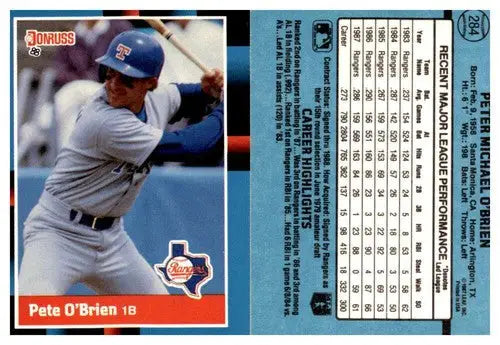 Original gloss Pete O’Brien baseball card from 1988 Donruss #284 displaying Simply Sandoval