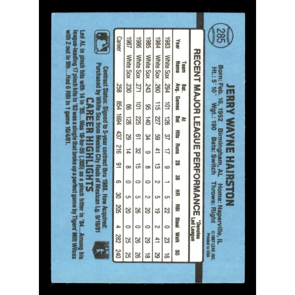 1988 Donruss #285 Jerry Hairston EX Chicago White Sox Baseball Card - Baseball Card Single