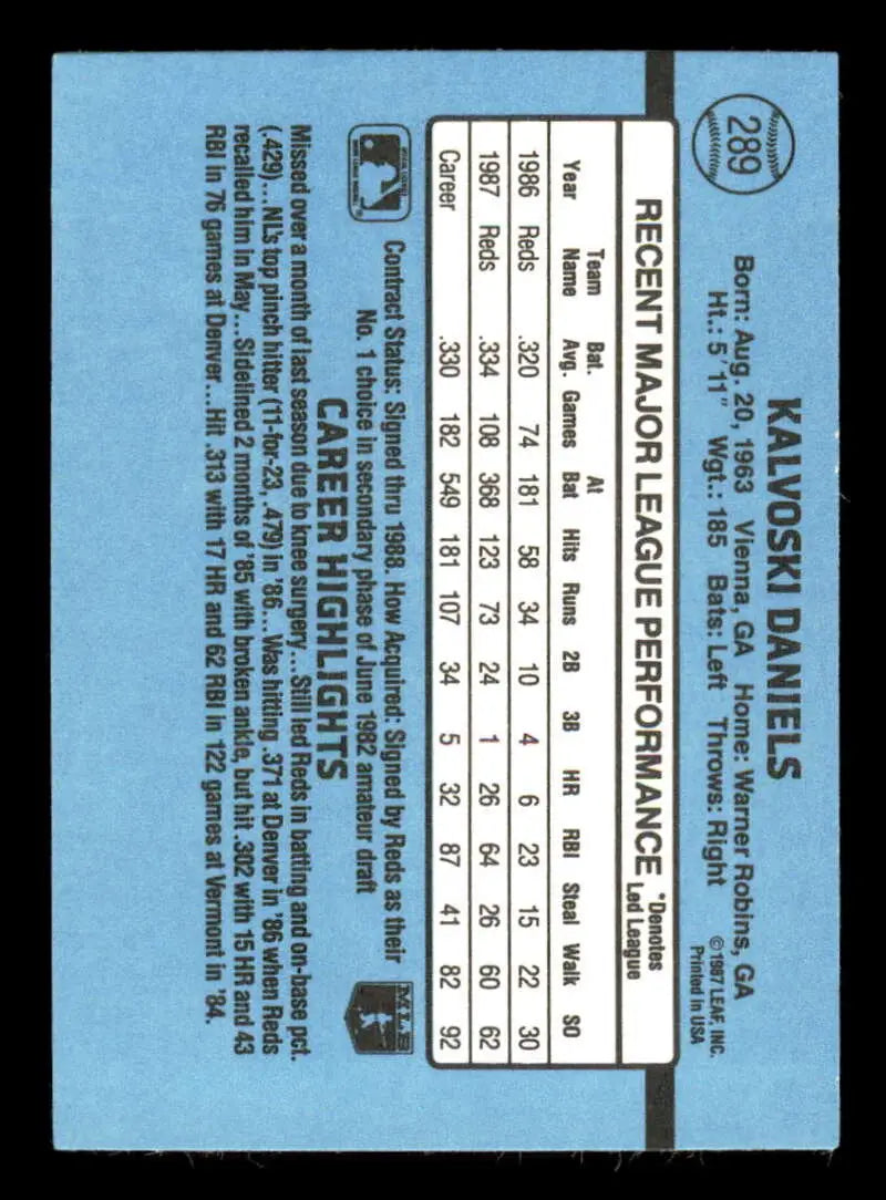 1988 Donruss #289 Kal Daniels NM-MT Cincinnati Reds Baseball Card - Baseball Card Single