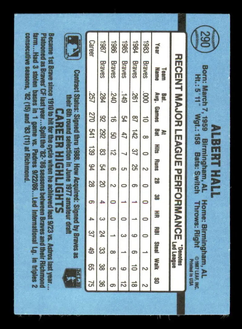 1988 Donruss #290 Albert Hall NM-MT Atlanta Braves Baseball Card - Baseball Card Single
