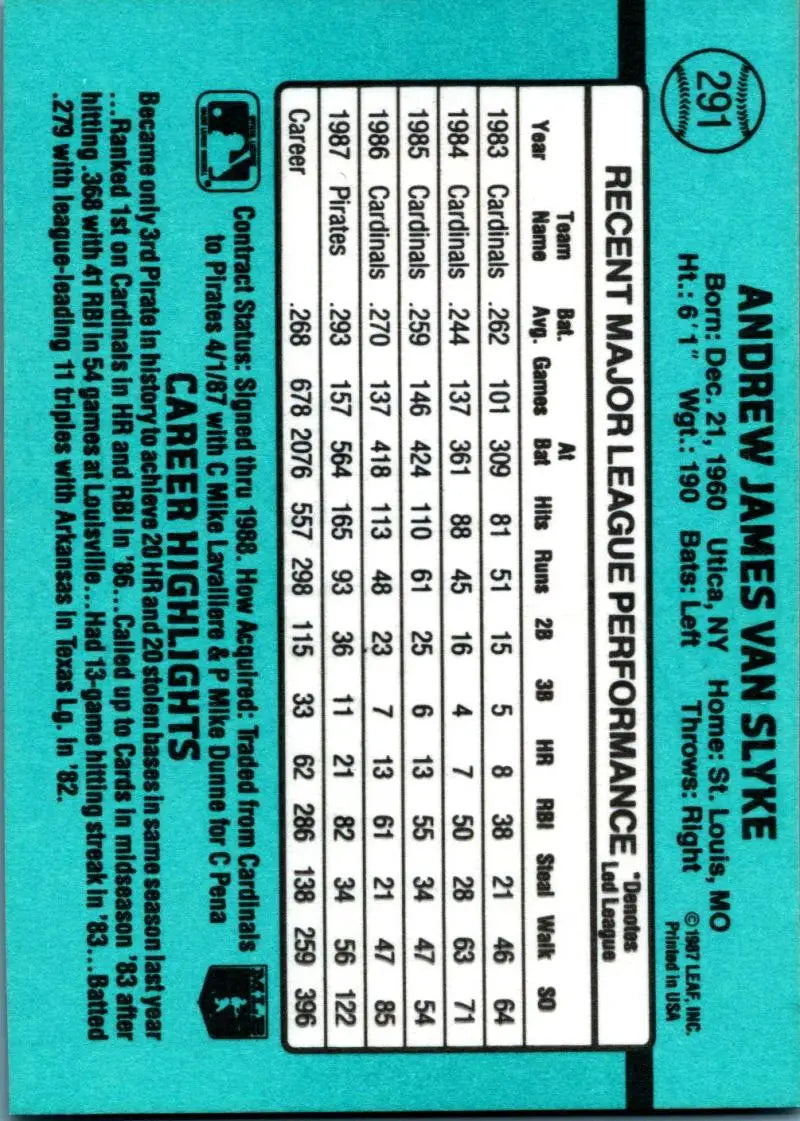 1988 Donruss #291 Andy Van Slyke NM-MT Pittsburgh Pirates Baseball Card - Baseball Card Single