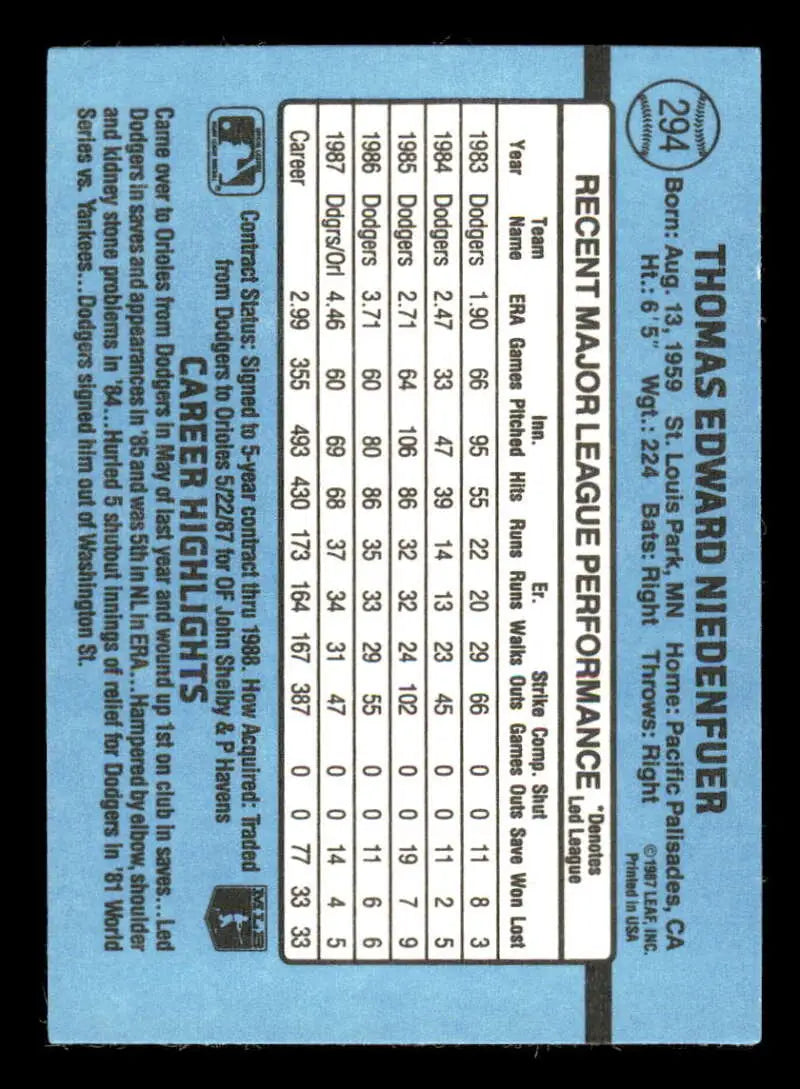1988 Donruss #294 Tom Niedenfuer NM-MT Baltimore Orioles Baseball Card - Baseball Card Single