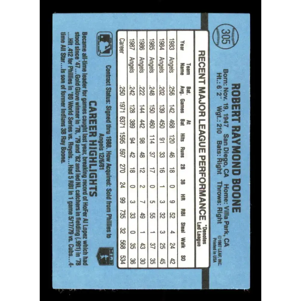 1988 Donruss #305 Bob Boone EX California Angels Baseball Card - Baseball Card Single