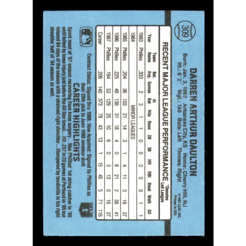 1988 Donruss #309 Darren Daulton EX Philadelphia Phillies Baseball Card Image 2