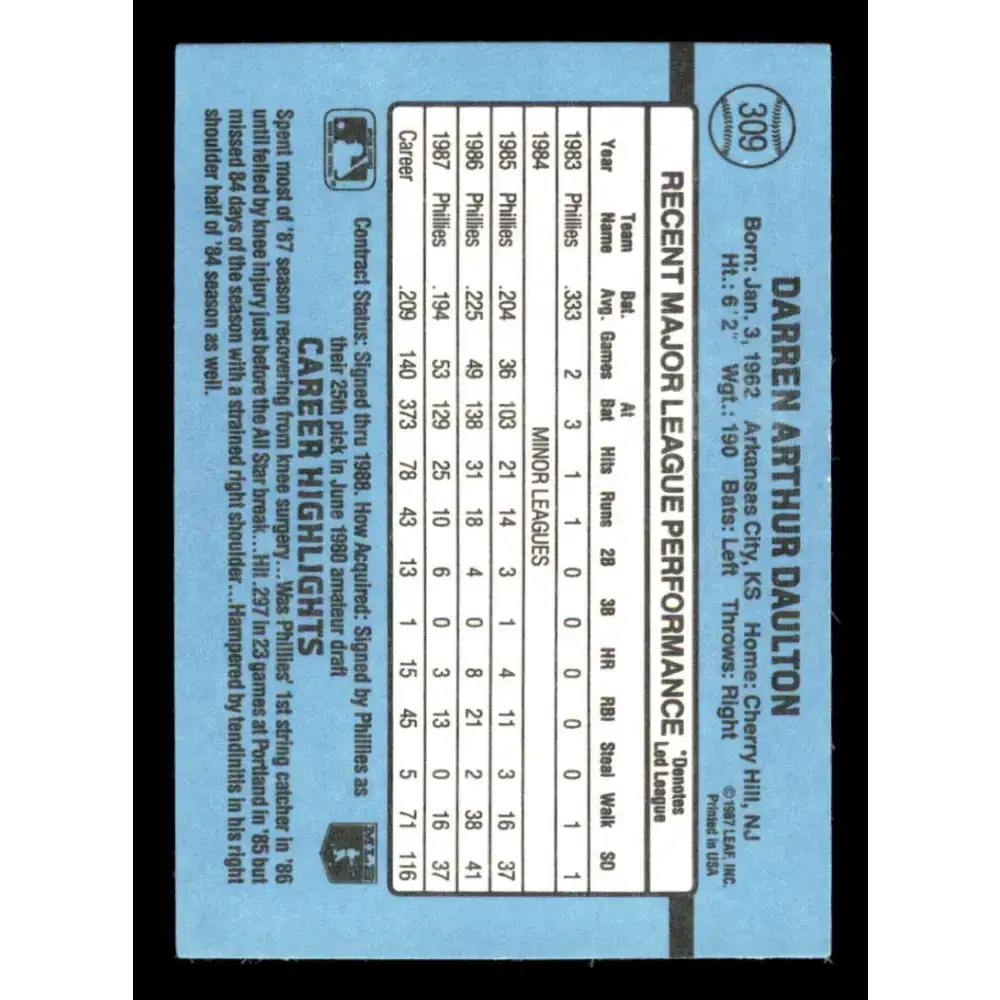 1988 Donruss #309 Darren Daulton EX Philadelphia Phillies Baseball Card - Baseball Card Single