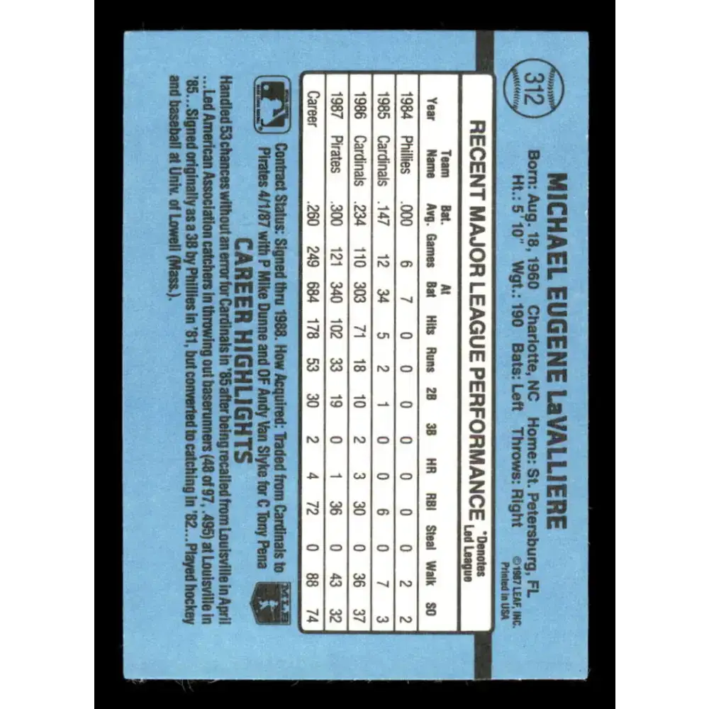 1988 Donruss #312 Mike Lavalliere EX Pittsburgh Pirates Baseball Card - Baseball Card Single