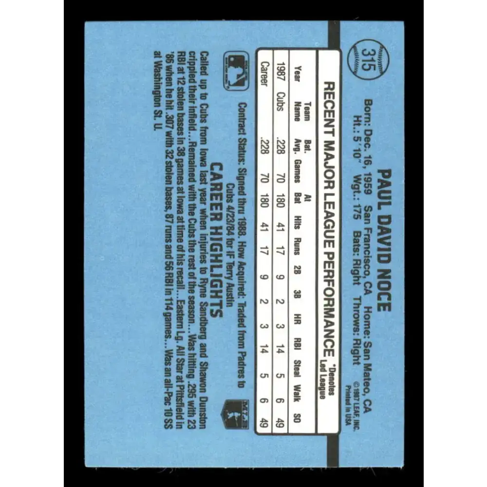 1988 Donruss #315 Paul Noce EX RC Rookie Chicago Cubs Baseball Card Image 2