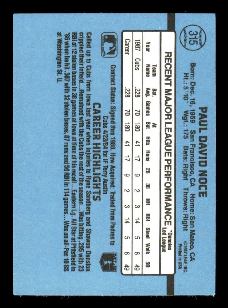 1988 Donruss #315 Paul Noce NM-MT RC Rookie Chicago Cubs Baseball Card - Baseball Card Single