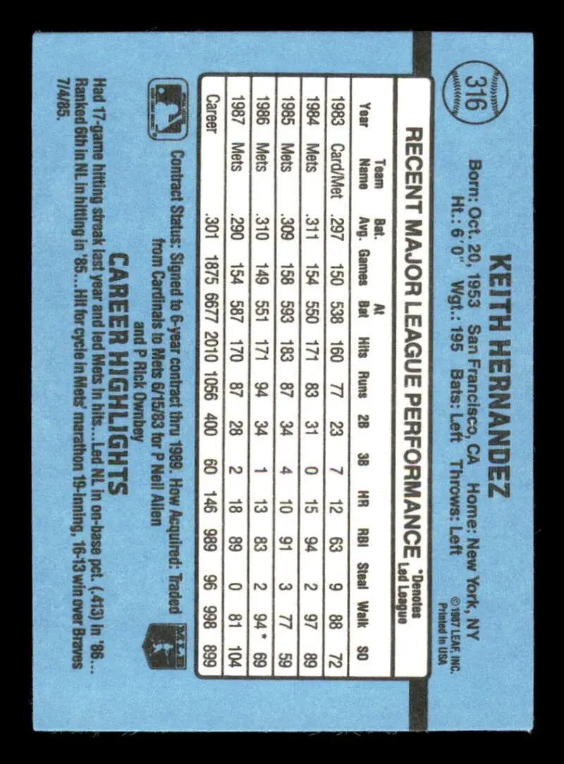 1988 Donruss #316 Keith Hernandez NM-MT New York Mets Baseball Card - Baseball Card Single