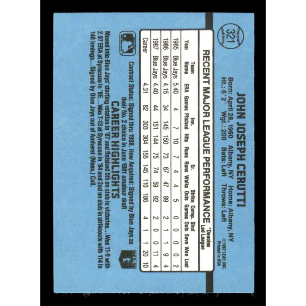1988 Donruss #321 John Cerutti EX Toronto Blue Jays Baseball Card Image 2