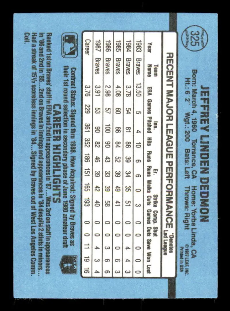 1988 Donruss #325 Jeff Dedmon NM-MT Atlanta Braves Baseball Card - Baseball Card Single