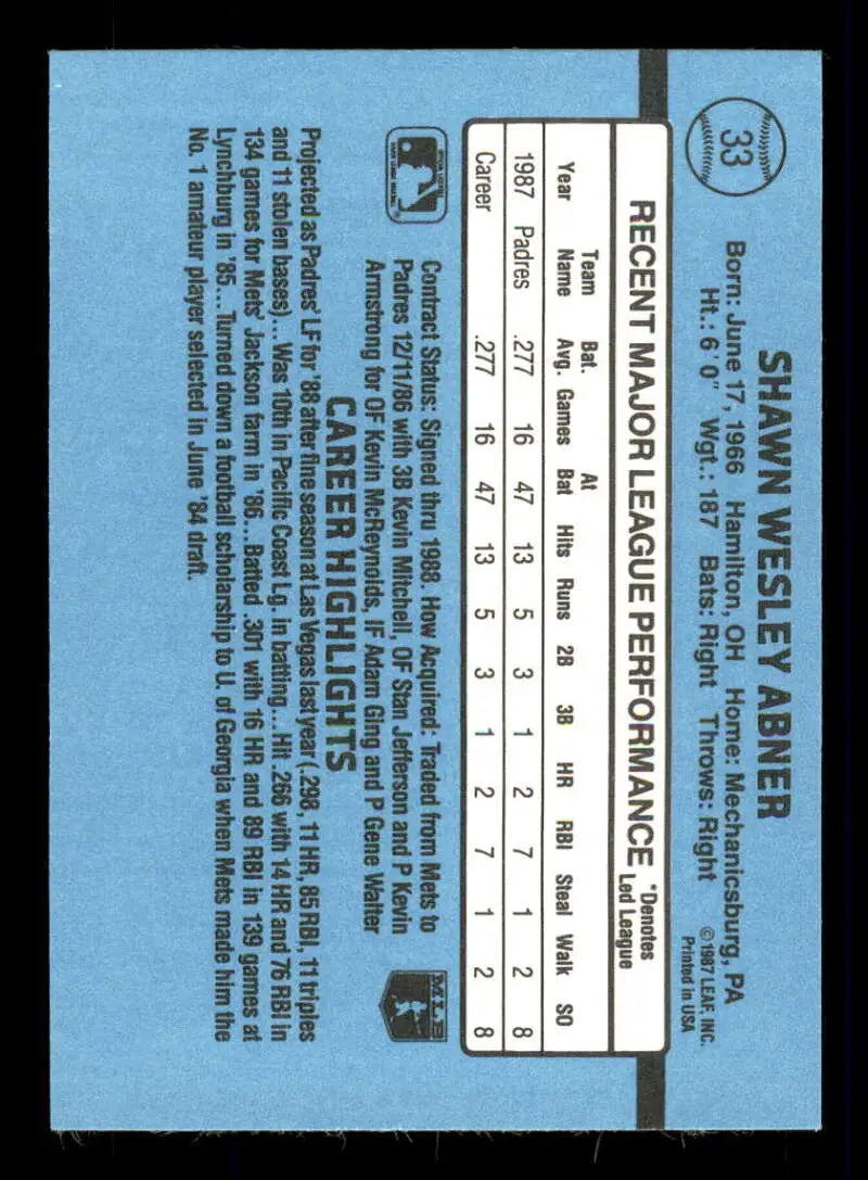 1988 Donruss #33 Shawn Abner NM-MT San Diego Padres Baseball Card - Baseball Card Single