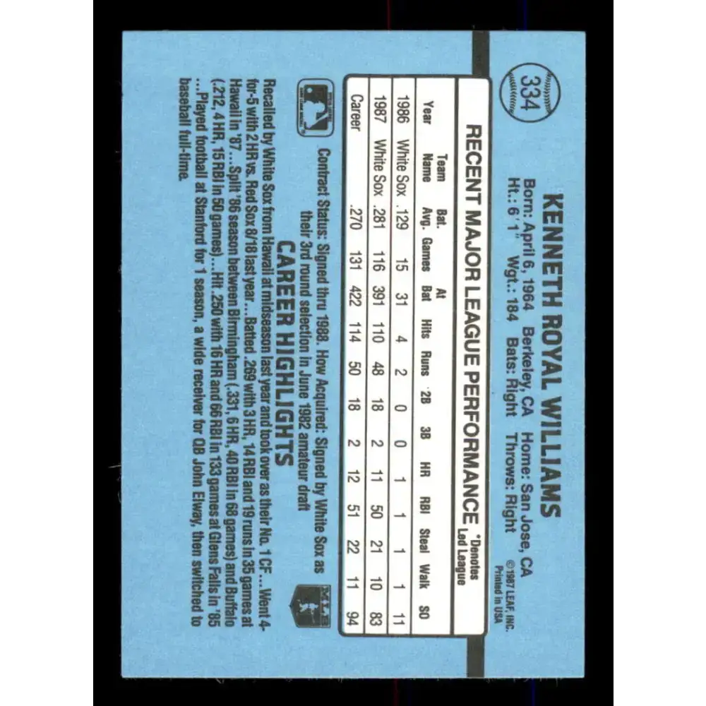 1988 Donruss #334 Kenny Williams EX Chicago White Sox Baseball Card Image 2