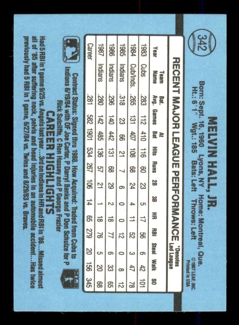 1988 Donruss #342 Mel Hall NM-MT Cleveland Indians Baseball Card - Baseball Card Single