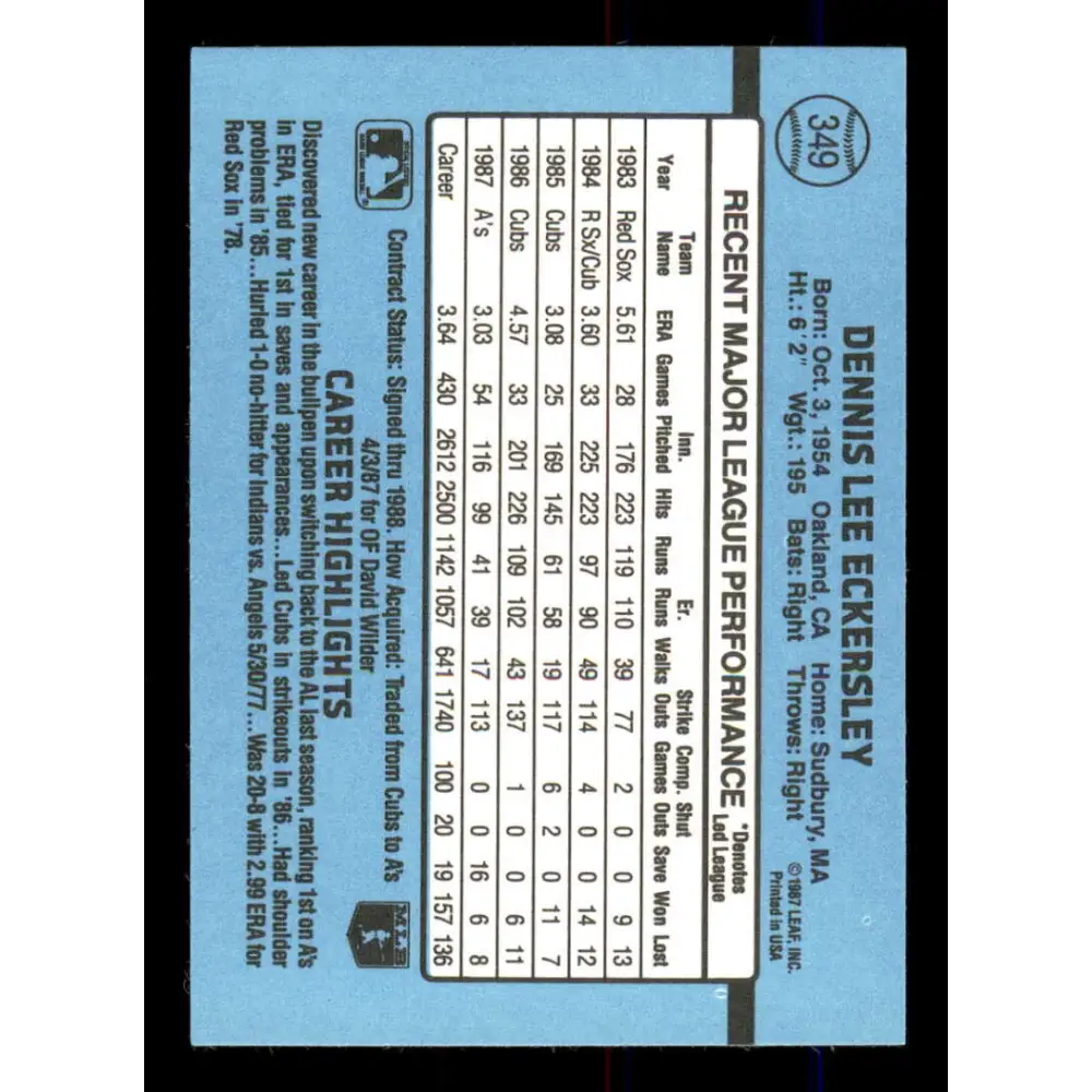 1988 Donruss #349 Dennis Eckersley EX Oakland Athletics Baseball Card Image 2