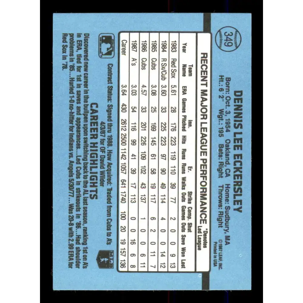 1988 Donruss #349 Dennis Eckersley EX Oakland Athletics Baseball Card - Baseball Card Single