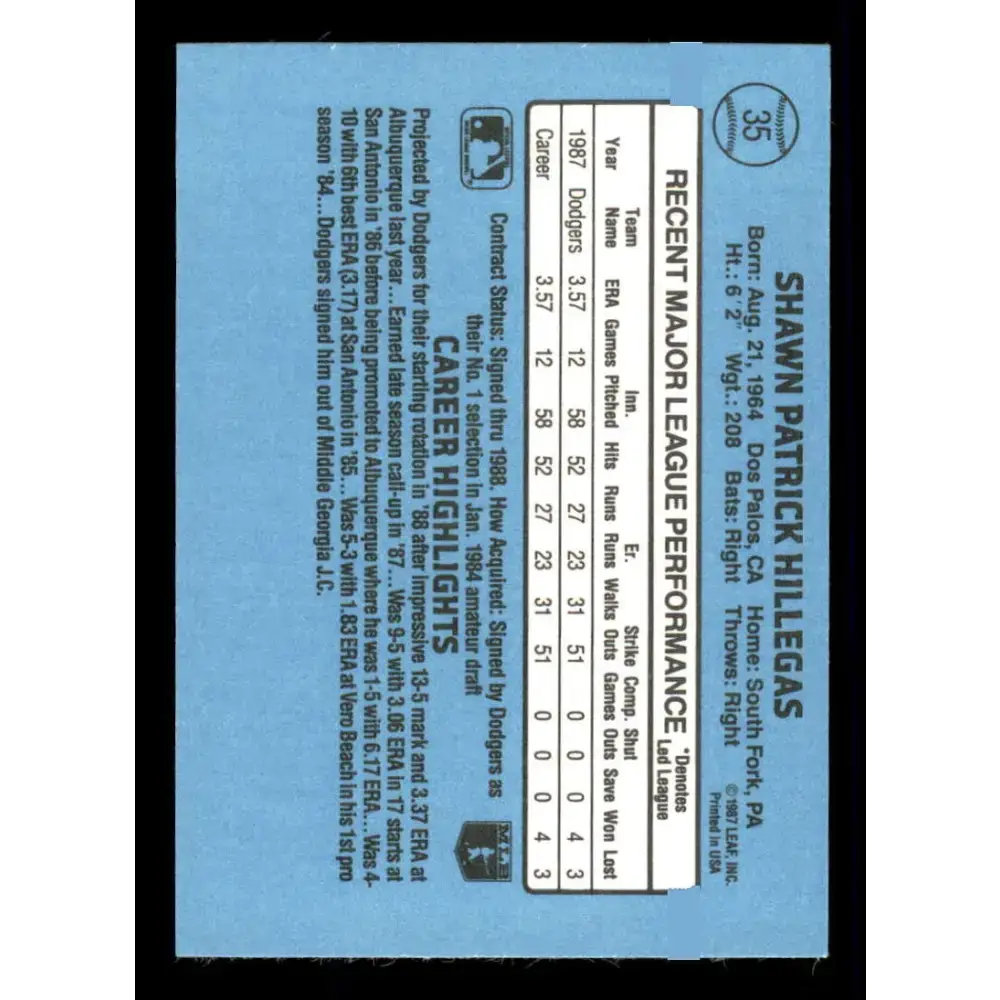 1988 Donruss #35 Shawn Hillegas/ EX RC Rookie Los Angeles Dodgers Baseball Card