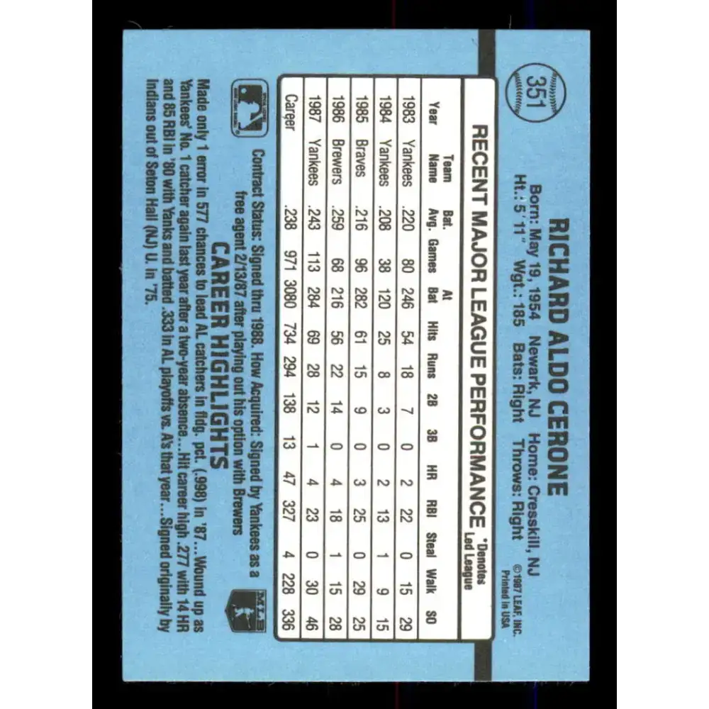 1988 Donruss #351 Rick Cerone EX New York Yankees Baseball Card - Baseball Card Single