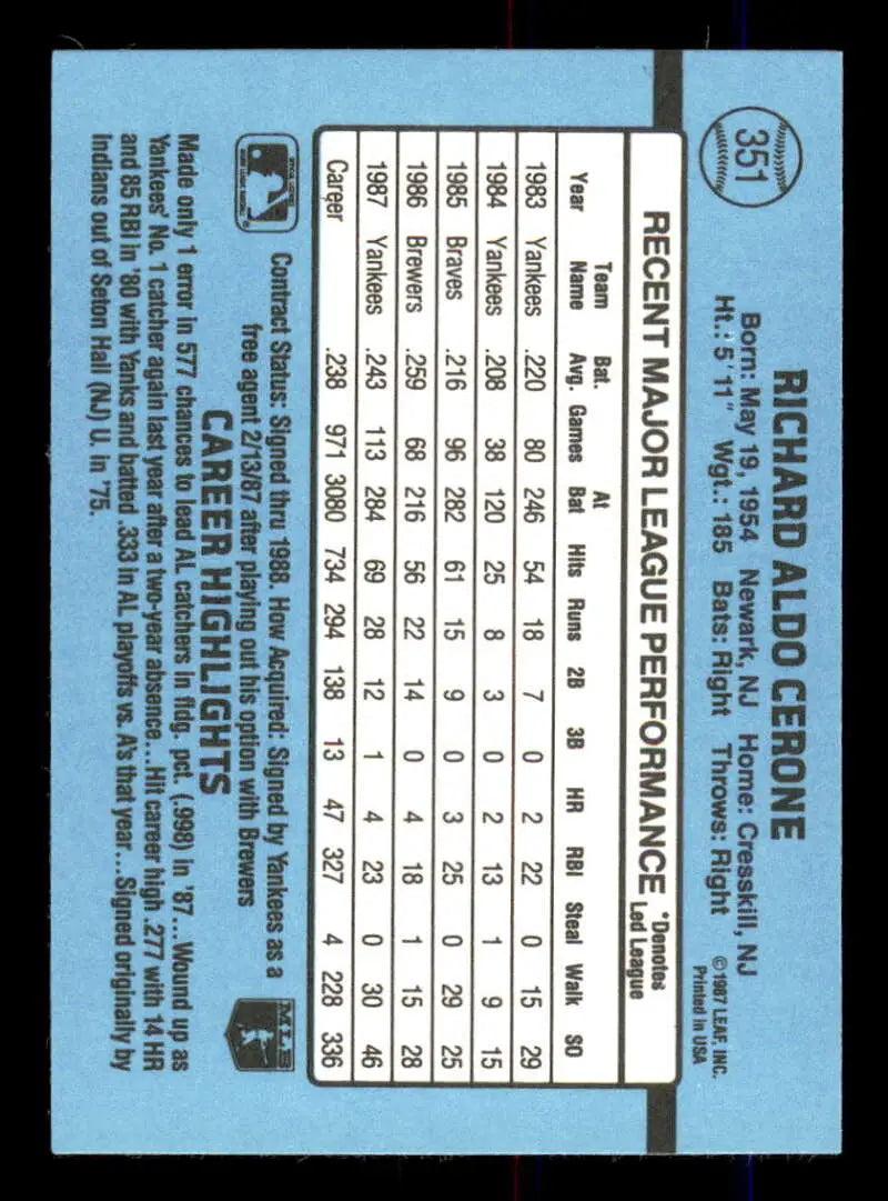 1988 Donruss #351 Rick Cerone NM-MT New York Yankees Baseball Card - Baseball Card Single