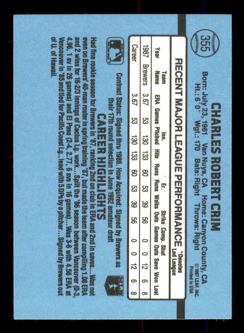 1988 Donruss #355 Chuck Crim NM-MT Milwaukee Brewers Baseball Card - Baseball Card Single