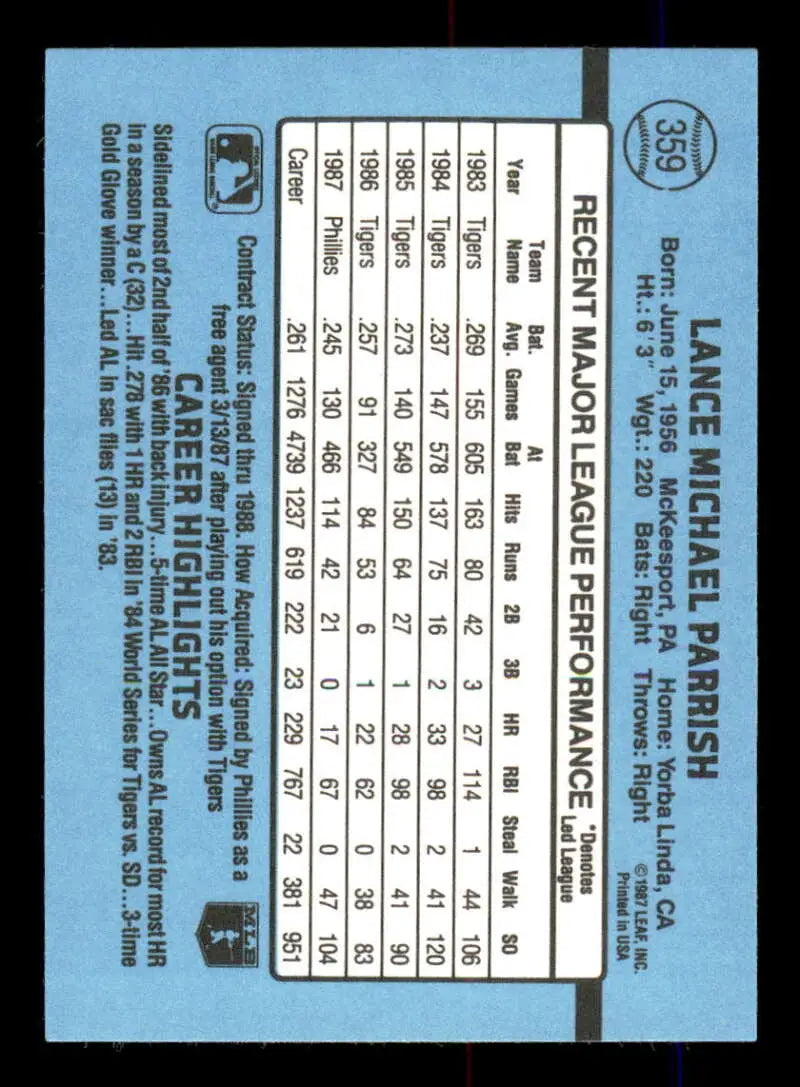 1988 Donruss #359 Lance Parrish NM-MT Philadelphia Phillies Baseball Card - Baseball Card Single