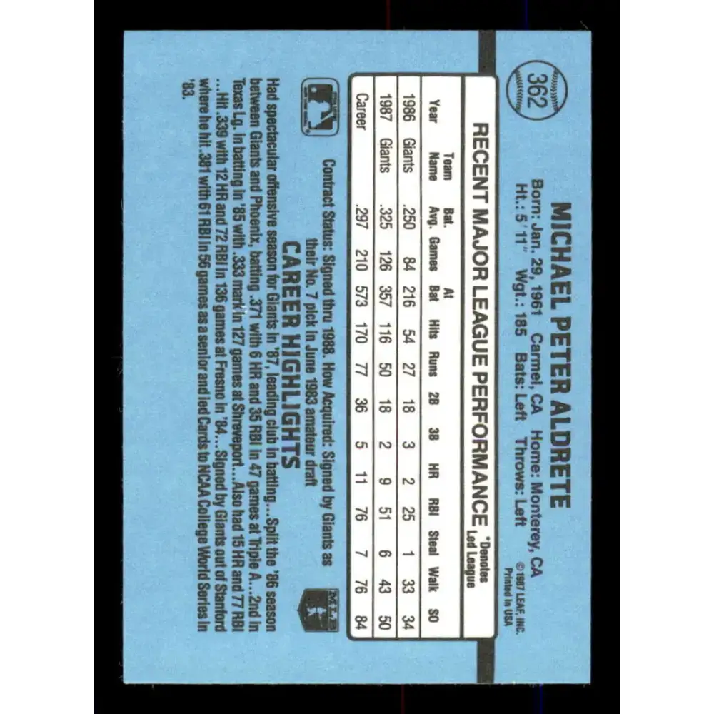1988 Donruss #362 Mike Aldrete EX San Francisco Giants Baseball Card - Baseball Card Single