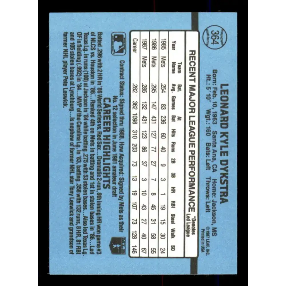 1988 Donruss #364 Lenny Dykstra EX New York Mets Baseball Card - Baseball Card Single