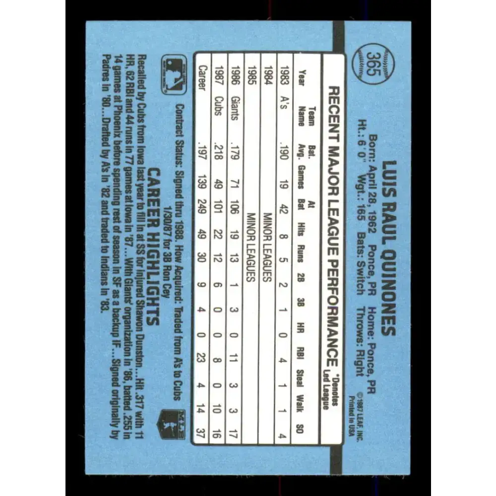 1988 Donruss #365 Luis Quinones EX Chicago Cubs Baseball Card - Baseball Card Single