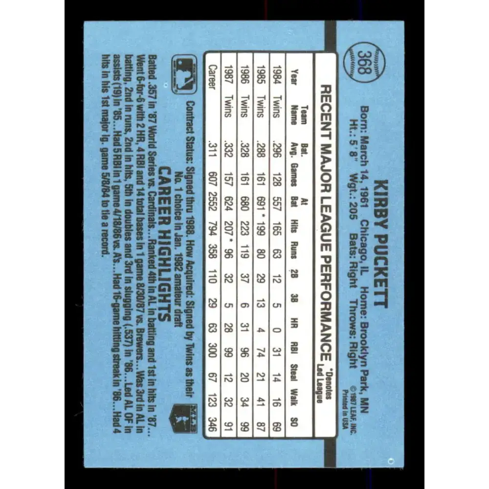 1988 Donruss #368 Kirby Puckett EX Minnesota Twins Baseball Card - Baseball Card Single