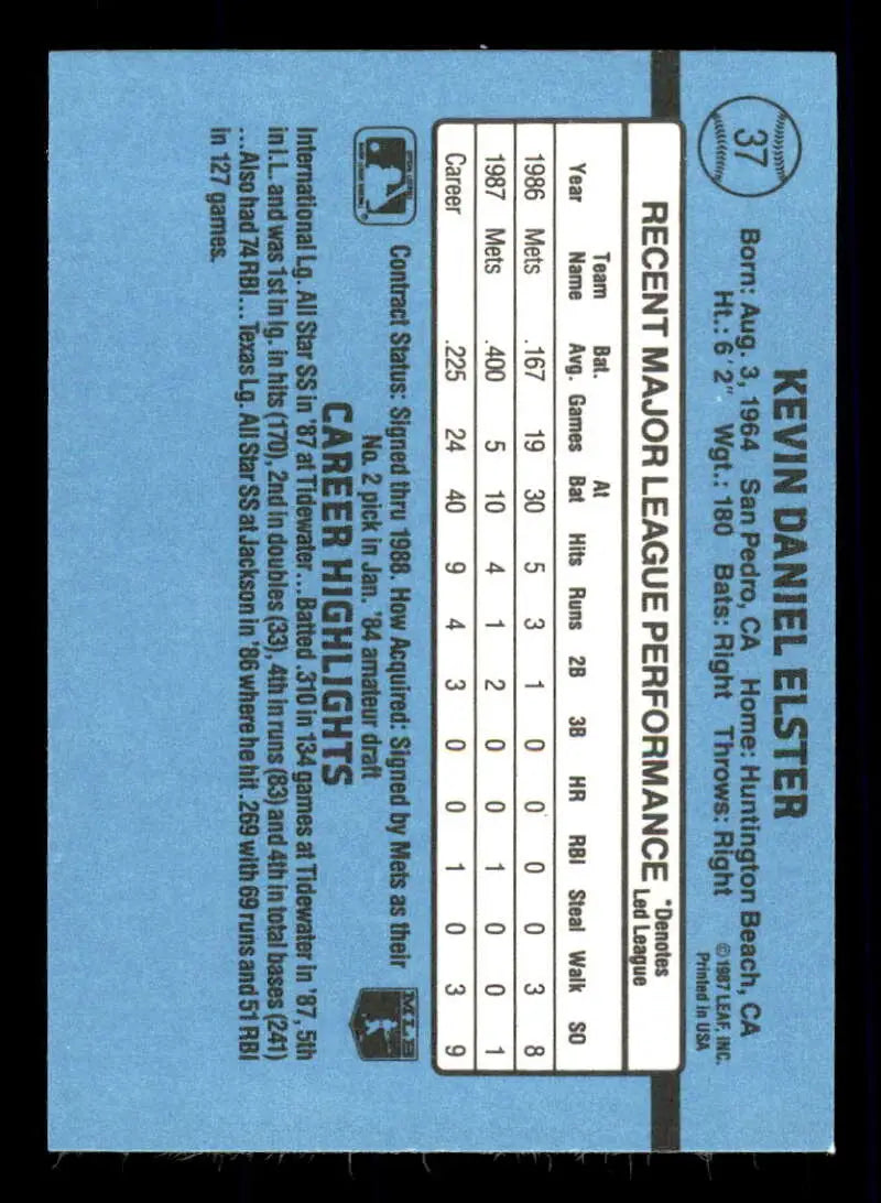 1988 Donruss #37 Kevin Elster NM-MT New York Mets Baseball Card - Baseball Card Single