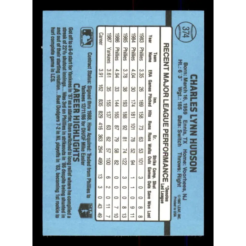 1988 Donruss #374 Charles Hudson EX New York Yankees Baseball Card - Baseball Card Single
