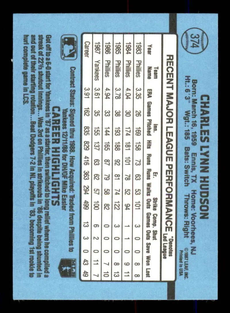 1988 Donruss #374 Charles Hudson NM-MT New York Yankees Baseball Card - Baseball Card Single