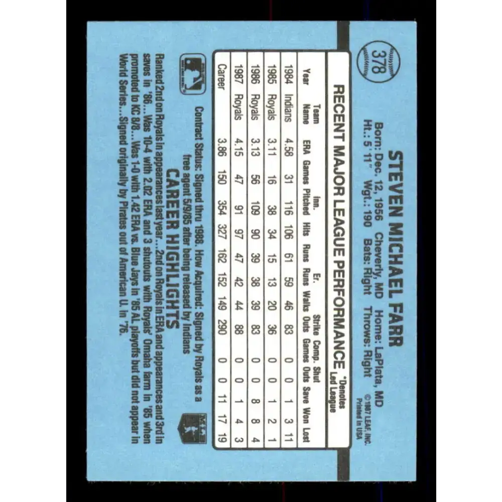 1988 Donruss #378 Steve Farr EX Kansas City Royals Baseball Card - Baseball Card Single